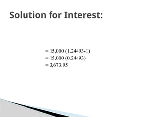 = 15,000 (1.24493-1)
= 15,000 (0.24493)
= 3,673.95
Solution for Interest:
 
