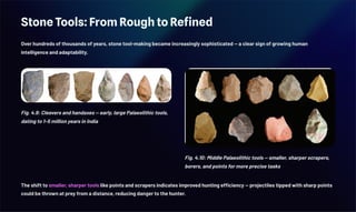 Stone Tools: From Rough to Refined
Over hundreds of thousands of years, stone tool-making became increasingly sophisticated — a clear sign of growing human
intelligence and adaptability.
Fig. 4.9: Cleavers and handaxes — early, large Palaeolithic tools,
dating to 1–5 million years in India
Fig. 4.10: Middle Palaeolithic tools — smaller, sharper scrapers,
borers, and points for more precise tasks
The shift to smaller, sharper tools like points and scrapers indicates improved hunting efficiency — projectiles tipped with sharp points
could be thrown at prey from a distance, reducing danger to the hunter.
 