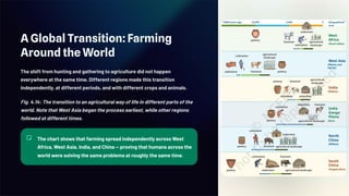 A Global Transition: Farming
Around the World
The shift from hunting and gathering to agriculture did not happen
everywhere at the same time. Different regions made this transition
independently, at different periods, and with different crops and animals.
Fig. 4.14: The transition to an agricultural way of life in different parts of the
world. Note that West Asia began the process earliest, while other regions
followed at different times.
The chart shows that farming spread independently across West
Africa, West Asia, India, and China — proving that humans across the
world were solving the same problems at roughly the same time.
 