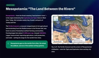 MESOPOTAMIA
Mesopotamia: "The Land Between the Rivers"
Mesopotamia — from the Greek meaning "land between rivers" —
is the region drained by the Euphrates and Tigris rivers in West
Asia. Today, this includes mainly Iraq, Kuwait, and parts of
Turkey and Iran.
The Fertile Crescent, a crescent-shaped band of rich agricultural
land stretching from the Mediterranean to the Persian Gulf, was
home to some of humanity's earliest farming communities.
Farming began here about 12,000 years ago. Around 4500 BCE,
copper tools arrived, improving agriculture, craft production,
and trade — setting the stage for the world's first cities.
Mesopotamia gave us the world's first cities, the wheel,
the sailboat, and one of the earliest writing systems.
Fig. 4.21: The Fertile Crescent and the extent of Mesopotamian
civilisation — note the Tigris and Euphrates rivers and key city
sites.
 