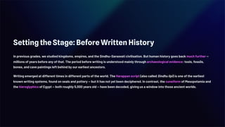 Setting the Stage: Before Written History
In previous grades, we studied kingdoms, empires, and the Sindhu–Sarasvati civilisation. But human history goes back much further —
millions of years before any of that. The period before writing is understood mainly through archaeological evidence: tools, fossils,
bones, and cave paintings left behind by our earliest ancestors.
Writing emerged at different times in different parts of the world. The Harappan script (also called Sindhu lipi) is one of the earliest
known writing systems, found on seals and pottery — but it has not yet been deciphered. In contrast, the cuneiform of Mesopotamia and
the hieroglyphics of Egypt — both roughly 5,000 years old — have been decoded, giving us a window into those ancient worlds.
 