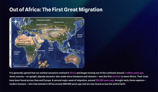 Out of Africa: The First Great Migration
It is generally agreed that our earliest ancestors evolved in Africa and began moving out of the continent around 2 million years ago.
Homo erectus — an upright, bipedal ancestor who made stone handaxes and cleavers — was the first hominin to leave Africa. Their tools
have been found across Asia and Europe. A second major wave of migration, around 125,000 years ago, brought early Homo sapiens —
modern humans — who had evolved in Africa around 300,000 years ago and are now found across the entire Earth.
 