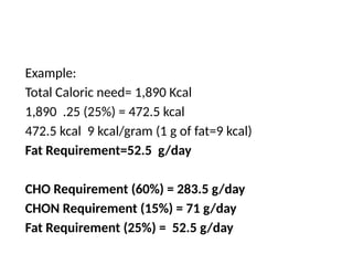 Example:
Total Caloric need= 1,890 Kcal
1,890 .25 (25%) = 472.5 kcal
472.5 kcal 9 kcal/gram (1 g of fat=9 kcal)
Fat Requirement=52.5 g/day
CHO Requirement (60%) = 283.5 g/day
CHON Requirement (15%) = 71 g/day
Fat Requirement (25%) = 52.5 g/day
 
