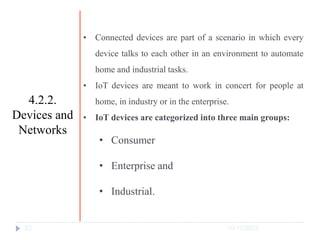 10/17/2023
22
• Connected devices are part of a scenario in which every
device talks to each other in an environment to automate
home and industrial tasks.
• IoT devices are meant to work in concert for people at
home, in industry or in the enterprise.
• IoT devices are categorized into three main groups:
• Consumer
• Enterprise and
• Industrial.
4.2.2.
Devices and
Networks
 