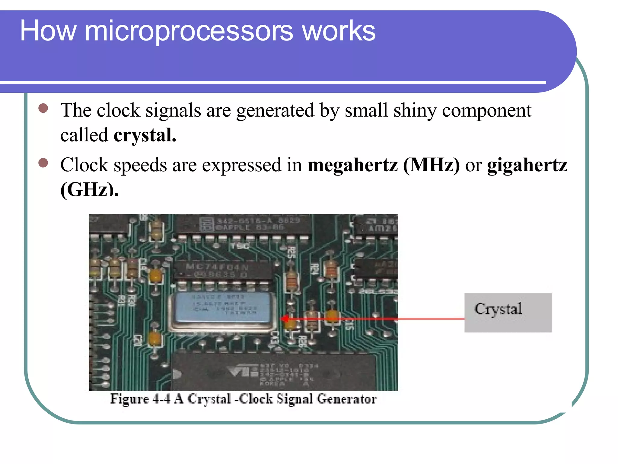 How microprocessors works The clock signals are generated by small shiny component called  crystal. Clock speeds are expressed in  megahertz (MHz)  or  gigahertz (GHz). 