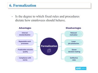 6. Formalization
- Is the degree to which fixed rules and procedures
dictate how employees should behave.
 