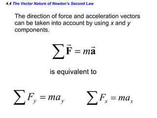 4.4  The Vector Nature of Newton’s Second Law The direction of force and acceleration vectors can be taken into account by using  x  and  y components. is equivalent to 