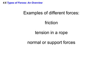 4.6  Types of Forces: An Overview Examples of different forces: friction tension in a rope normal or support forces 