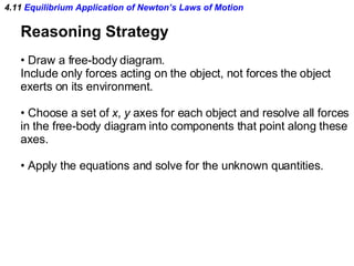 4.11  Equilibrium Application of Newton’s Laws of Motion Reasoning Strategy Draw a free-body diagram. Include only forces acting on the object, not forces the object exerts on its environment. Choose a set of  x ,  y  axes for each object and resolve all forces in the free-body diagram into components that point along these axes. Apply the equations and solve for the unknown quantities. 