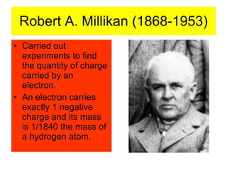 Robert A. Millikan (1868-1953) Carried out experiments to find the quantity of charge carried by an electron. An electron carries exactly 1 negative charge and its mass is 1/1840 the mass of a hydrogen atom. 
