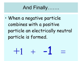 And Finally……. When a negative particle combines with a positive particle an electrically neutral particle is formed. +1   +  -1   =  0 