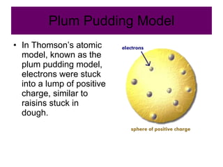 Plum Pudding Model In Thomson’s atomic model, known as the plum pudding model, electrons were stuck into a lump of positive charge, similar to raisins stuck in dough. 