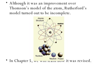 Although it was an improvement over Thomson’s model of the atom, Rutherford’s model turned out to be incomplete. In Chapter 5, we will learn how it was revised. 