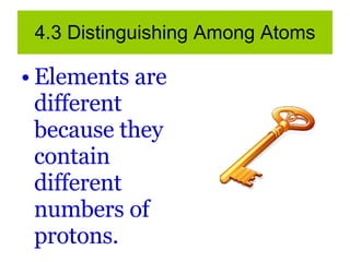 4.3 Distinguishing Among Atoms Elements are different because they contain different numbers of protons. 