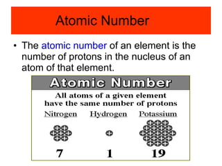Atomic Number The  atomic number  of an element is the number of protons in the nucleus of an atom of that element. 