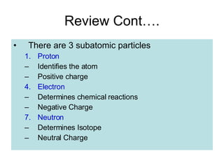 Review Cont…. There are 3 subatomic particles Proton Identifies the atom Positive charge Electron Determines chemical reactions Negative Charge Neutron Determines Isotope Neutral Charge 