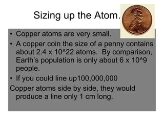 Sizing up the Atom…. Copper atoms are very small. A copper coin the size of a penny contains about 2.4 x 10^22 atoms.  By comparison, Earth’s population is only about 6 x 10^9 people. If you could line up100,000,000 Copper atoms side by side, they would produce a line only 1 cm long. 