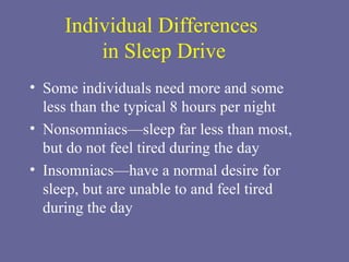 Individual Differences  in Sleep Drive Some individuals need more and some  less than the typical 8 hours per night Nonsomniacs—sleep far less than most,  but do not feel tired during the day Insomniacs—have a normal desire for  sleep, but are unable to and feel tired  during the day 