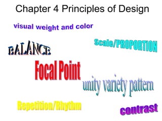 Chapter 4 Principles of Design visual weight and color Focal Point contrast Repetition/Rhythm Scale/PROPORTION BALANCE unity variety pattern 