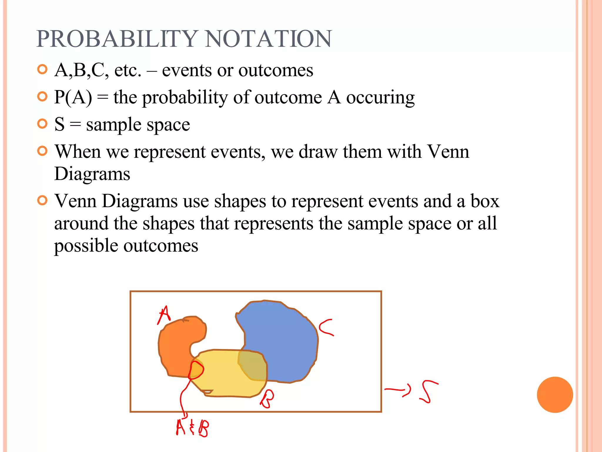 PROBABILITY NOTATION A,B,C, etc. – events or outcomes P(A) = the probability of outcome A occuring S = sample space When we represent events, we draw them with Venn Diagrams Venn Diagrams use shapes to represent events and a box around the shapes that represents the sample space or all possible outcomes 