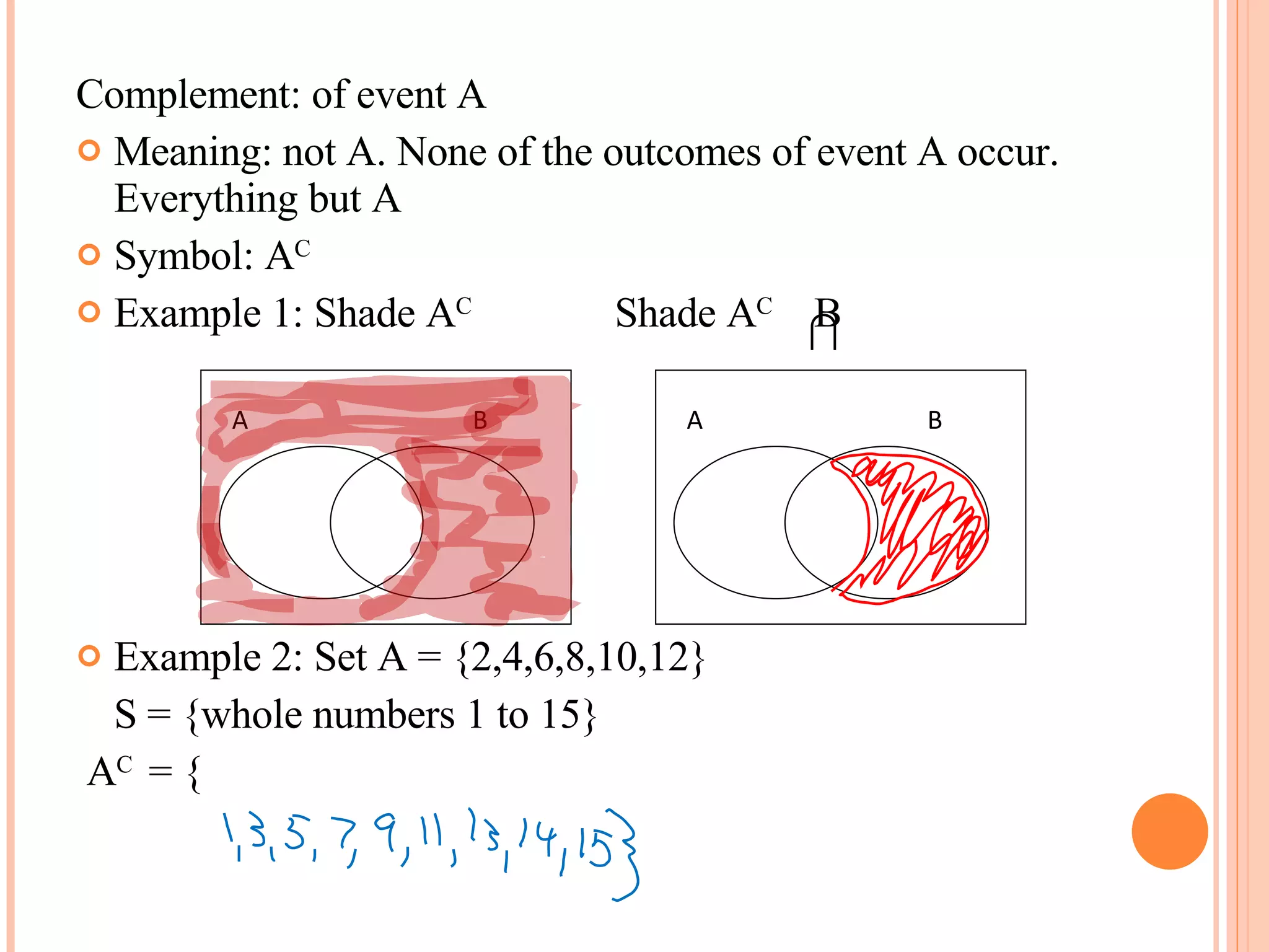 Complement: of event A Meaning: not A. None of the outcomes of event A occur. Everything but A Symbol: A C Example 1: Shade A C     Shade A C   B Example 2: Set A = {2,4,6,8,10,12} S = {whole numbers 1 to 15} A C  = { A B A B 