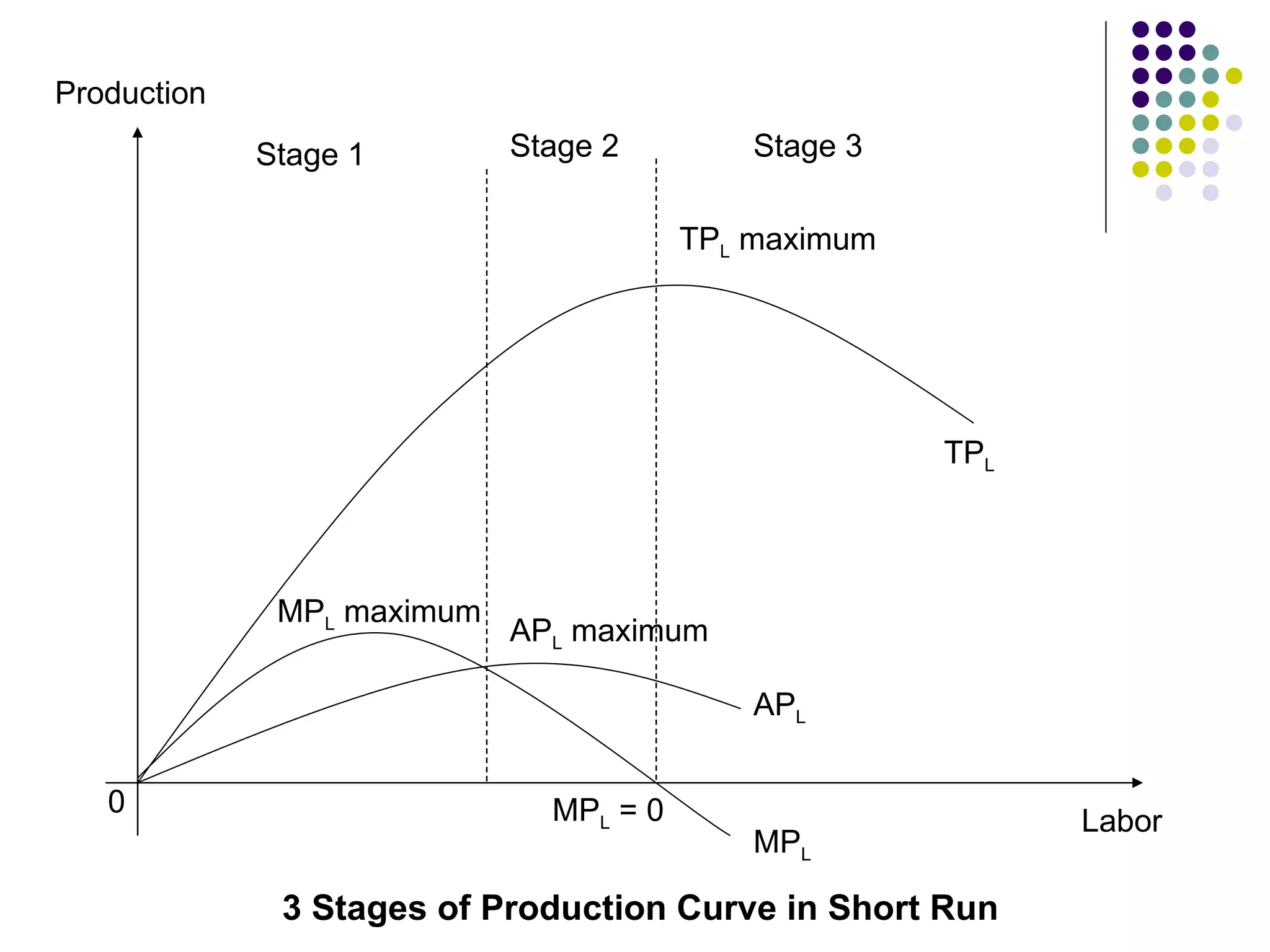 Production Labor TP L  maximum TP L AP L MP L MP L  = 0 AP L  maximum MP L  maximum 0 Stage 1 Stage 2 Stage 3 3 Stages of Production Curve in Short Run 