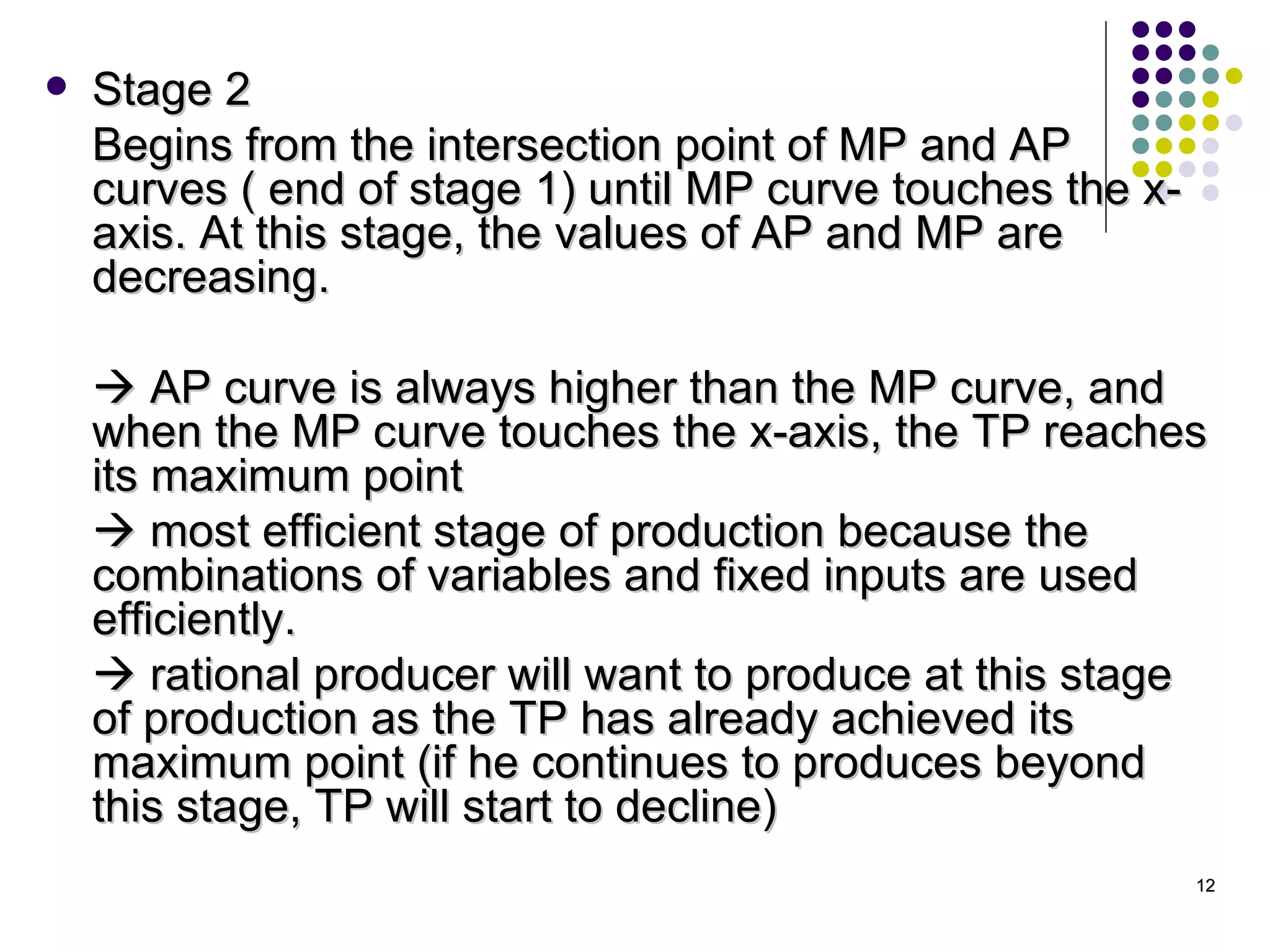 Stage 2 Begins from the intersection point of MP and AP curves ( end of stage 1) until MP curve touches the x-axis. At this stage, the values of AP and MP are decreasing.     AP curve is always higher than the MP curve, and when the MP curve touches the x-axis, the TP reaches its maximum point    most efficient stage of production because the combinations of variables and fixed inputs are used efficiently.     rational producer will want to produce at this stage of production as the TP has already achieved its maximum point (if he continues to produces beyond this stage, TP will start to decline) 