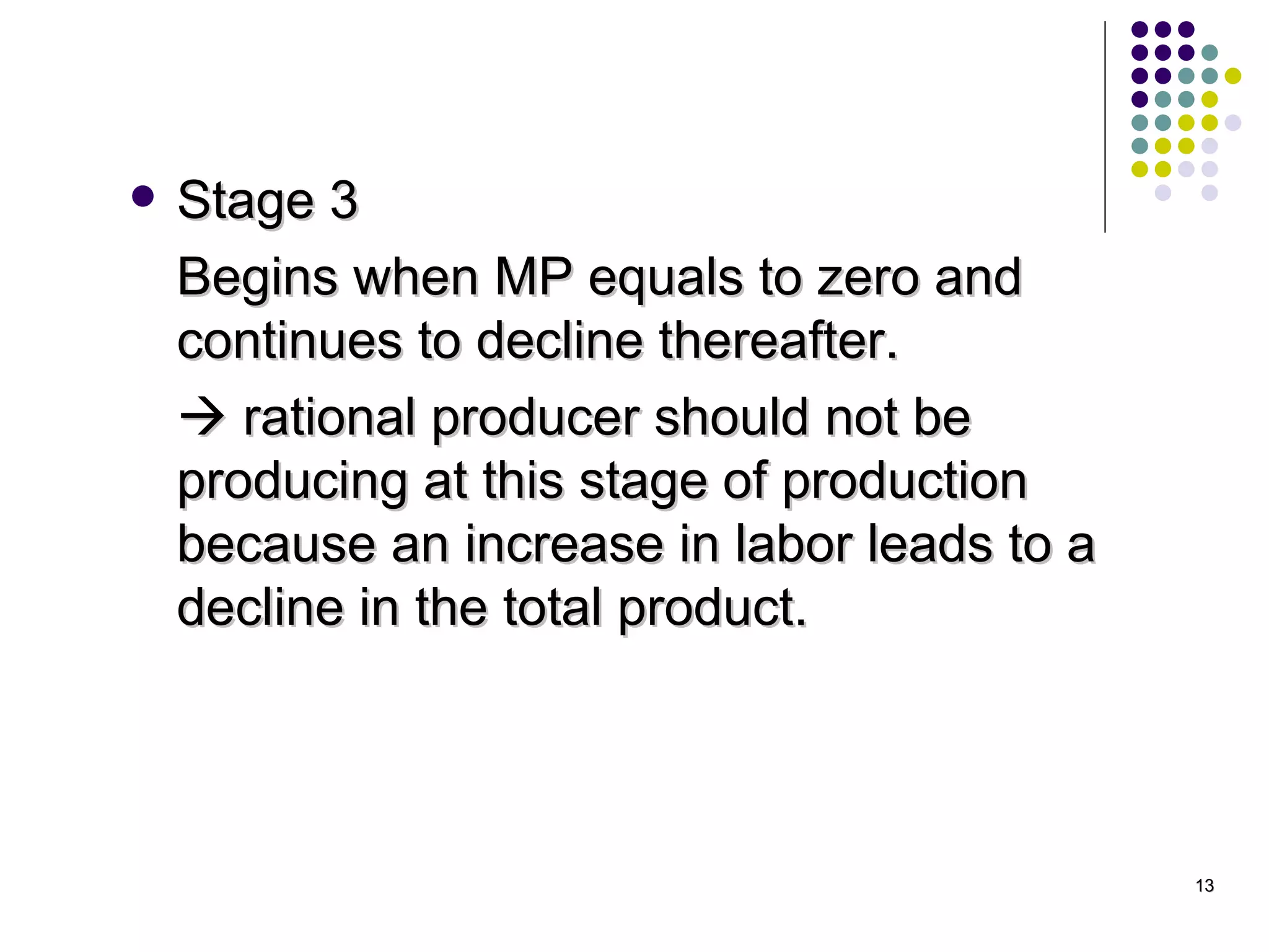 Stage 3 Begins when MP equals to zero and continues to decline thereafter.     rational producer should not be producing at this stage of production because an increase in labor leads to a decline in the total product. 