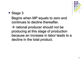 Stage 3 Begins when MP equals to zero and continues to decline thereafter.     rational producer should not be producing at this stage of production because an increase in labor leads to a decline in the total product. 