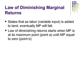 Law of Diminishing Marginal Returns States that as labor (variable input) is added to land, eventually MP will fall. Law of diminishing returns starts when MP is at its maximum point (point a) until MP equal to zero (point b) 
