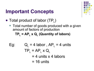 Important Concepts Total product of labor (TP L ) Total number of goods produced with a given amount of factors of production TP L  = AP L  x Q L  (Quantity of labors) Eg: Q L  = 4 labor , AP L  = 4 units TP L  = AP L  x Q L   = 4 units x 4 labors   = 16 units 