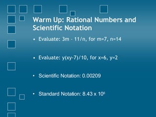 Warm Up: Rational Numbers and Scientific Notation ,[object Object],[object Object],[object Object],[object Object]