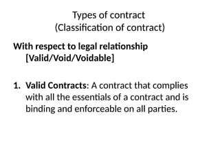 Types of contract
(Classification of contract)
With respect to legal relationship
[Valid/Void/Voidable]
1. Valid Contracts: A contract that complies
with all the essentials of a contract and is
binding and enforceable on all parties.
 
