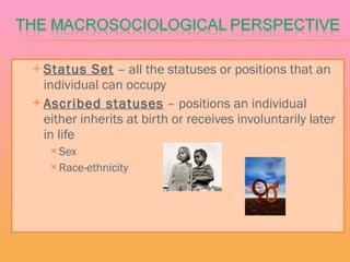 Status Set  – all the statuses or positions that an individual can occupy Ascribed statuses  – positions an individual either inherits at birth or receives involuntarily later in life Sex Race-ethnicity 