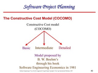 Software Engineering (3rd ed.), By K.K Aggarwal & Yogesh Singh, Copyright © New Age International Publishers, 2007 40
Constructive Cost model
(COCOMO)
Basic Intermediate Detailed
Model proposed by
B. W. Boehm’s
through his book
Software Engineering Economics in 1981
Software Project Planning
The Constructive Cost Model (COCOMO)
 