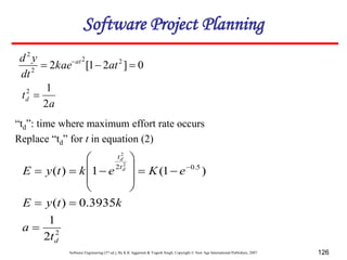 Software Engineering (3rd ed.), By K.K Aggarwal & Yogesh Singh, Copyright © New Age International Publishers, 2007 126
0
]
2
1
[
2 2
2
2
2


 
at
kae
dt
y
d at
a
td
2
1
2

“td”: time where maximum effort rate occurs
Replace “td” for t in equation (2)
2
5
.
0
2
2
1
3935
.
0
)
(
)
1
(
1
)
(
2
2
d
t
t
t
a
k
t
y
E
e
K
e
k
t
y
E d
d















 
Software Project Planning
 