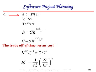 Software Engineering (3rd ed.), By K.K Aggarwal & Yogesh Singh, Copyright © New Age International Publishers, 2007 148
C 610 – 57314
K : P-Y
T : Years
3
/
4
3
/
1
d
t
CK
S 
3
/
4
3
/
1
.


 d
t
K
S
C
C
S
t
K d /
3
/
4
3
/
1

3
4
1







C
S
t
K
d
The trade off of time versus cost
Software Project Planning
 