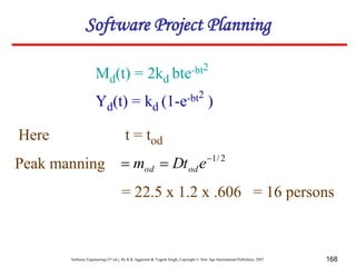 Software Engineering (3rd ed.), By K.K Aggarwal & Yogesh Singh, Copyright © New Age International Publishers, 2007 168
Md(t) = 2kd bte-bt2
Yd(t) = kd (1-e-bt2
)
Here t = tod
2
/
1


 e
Dt
m od
od
= 22.5 x 1.2 x .606 = 16 persons
Peak manning
Software Project Planning
 