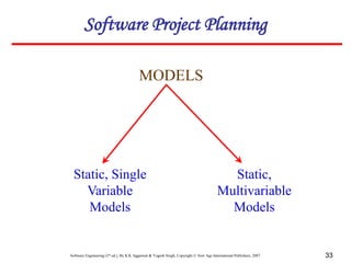 Software Engineering (3rd ed.), By K.K Aggarwal & Yogesh Singh, Copyright © New Age International Publishers, 2007 33
MODELS
Static, Single
Variable
Models
Static,
Multivariable
Models
Software Project Planning
 