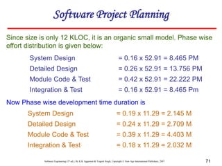 Software Engineering (3rd ed.), By K.K Aggarwal & Yogesh Singh, Copyright © New Age International Publishers, 2007 71
Since size is only 12 KLOC, it is an organic small model. Phase wise
effort distribution is given below:
System Design = 0.16 x 52.91 = 8.465 PM
Detailed Design = 0.26 x 52.91 = 13.756 PM
Module Code & Test = 0.42 x 52.91 = 22.222 PM
Integration & Test = 0.16 x 52.91 = 8.465 Pm
Software Project Planning
Now Phase wise development time duration is
System Design = 0.19 x 11.29 = 2.145 M
Detailed Design = 0.24 x 11.29 = 2.709 M
Module Code & Test = 0.39 x 11.29 = 4.403 M
Integration & Test = 0.18 x 11.29 = 2.032 M
 