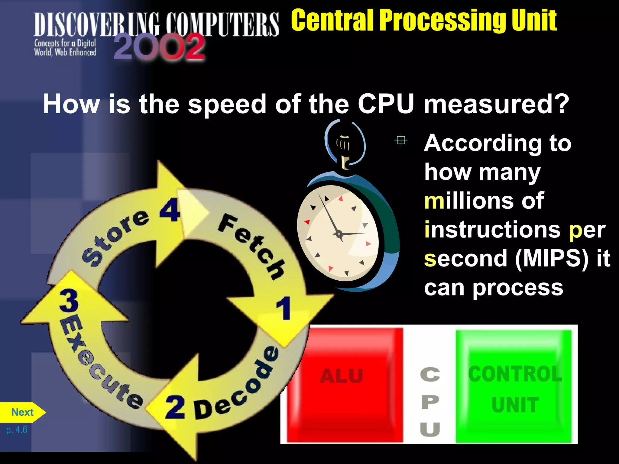 Central Processing Unit
How is the speed of the CPU measured?
 According to
how many
millions of
instructions per
second (MIPS) it
can process
p. 4.6
Next
 