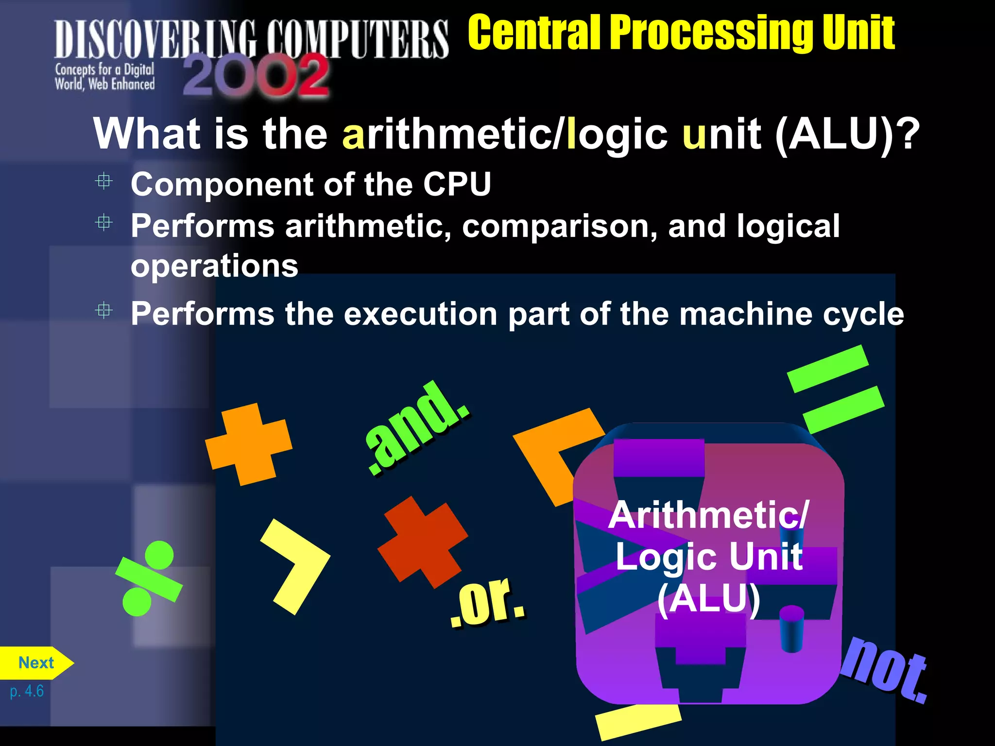 CPU
Control Unit
What is the arithmetic/logic unit (ALU)?
Central Processing Unit
.and.
.and.
.not.
.not.
.or..or.
 Component of the CPU
 Performs arithmetic, comparison, and logical
operations
 Performs the execution part of the machine cycle
Arithmetic/
Logic Unit
(ALU)
p. 4.6
Next
 