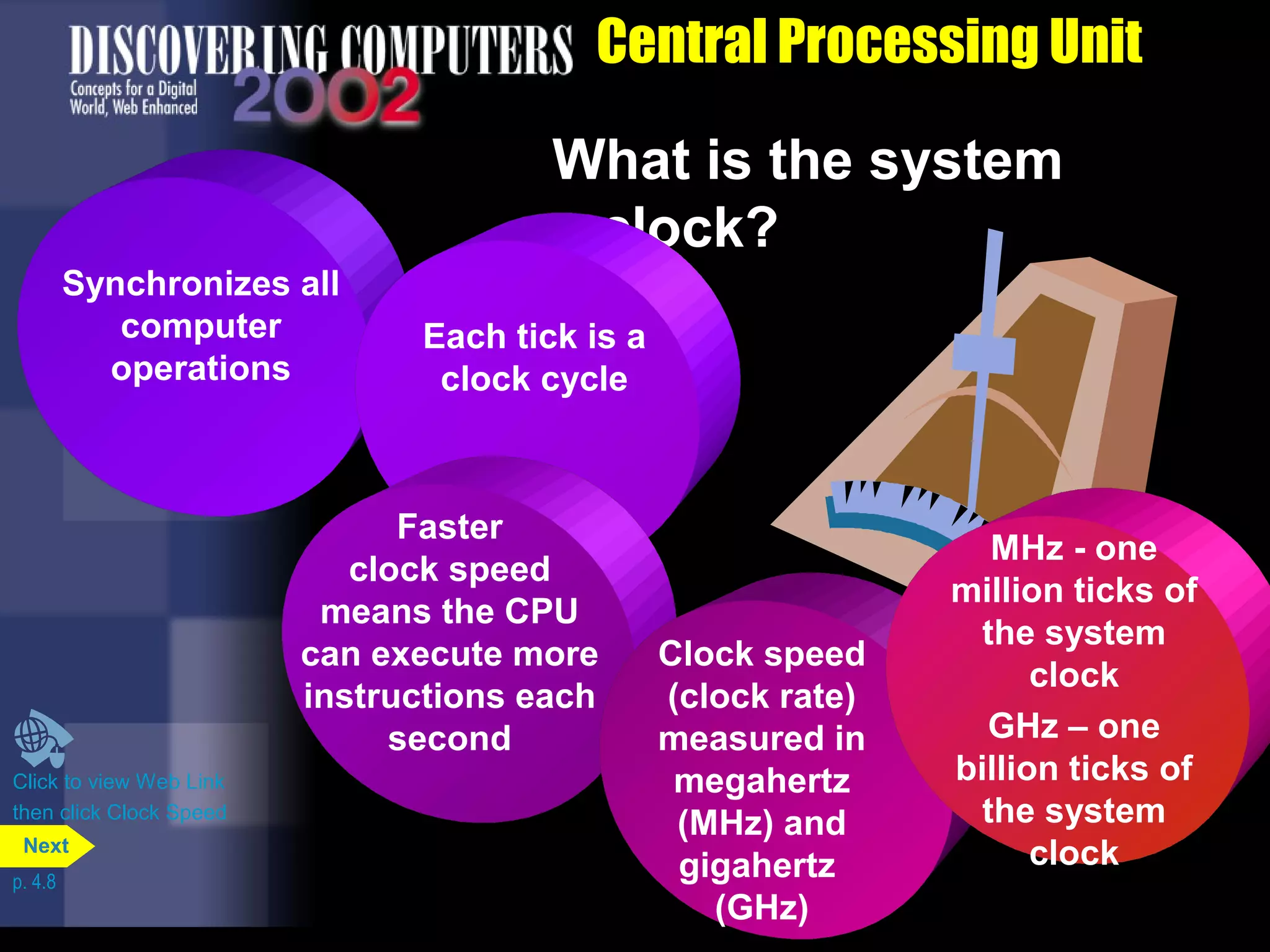 Central Processing Unit
What is the system
clock?
Synchronizes all
computer
operations
Each tick is a
clock cycle
Faster
clock speed
means the CPU
can execute more
instructions each
second
Clock speed
(clock rate)
measured in
megahertz
(MHz) and
gigahertz
(GHz)
MHz - one
million ticks of
the system
clock
GHz – one
billion ticks of
the system
clock
Click to view Web Link
then click Clock Speed
p. 4.8
Next
 