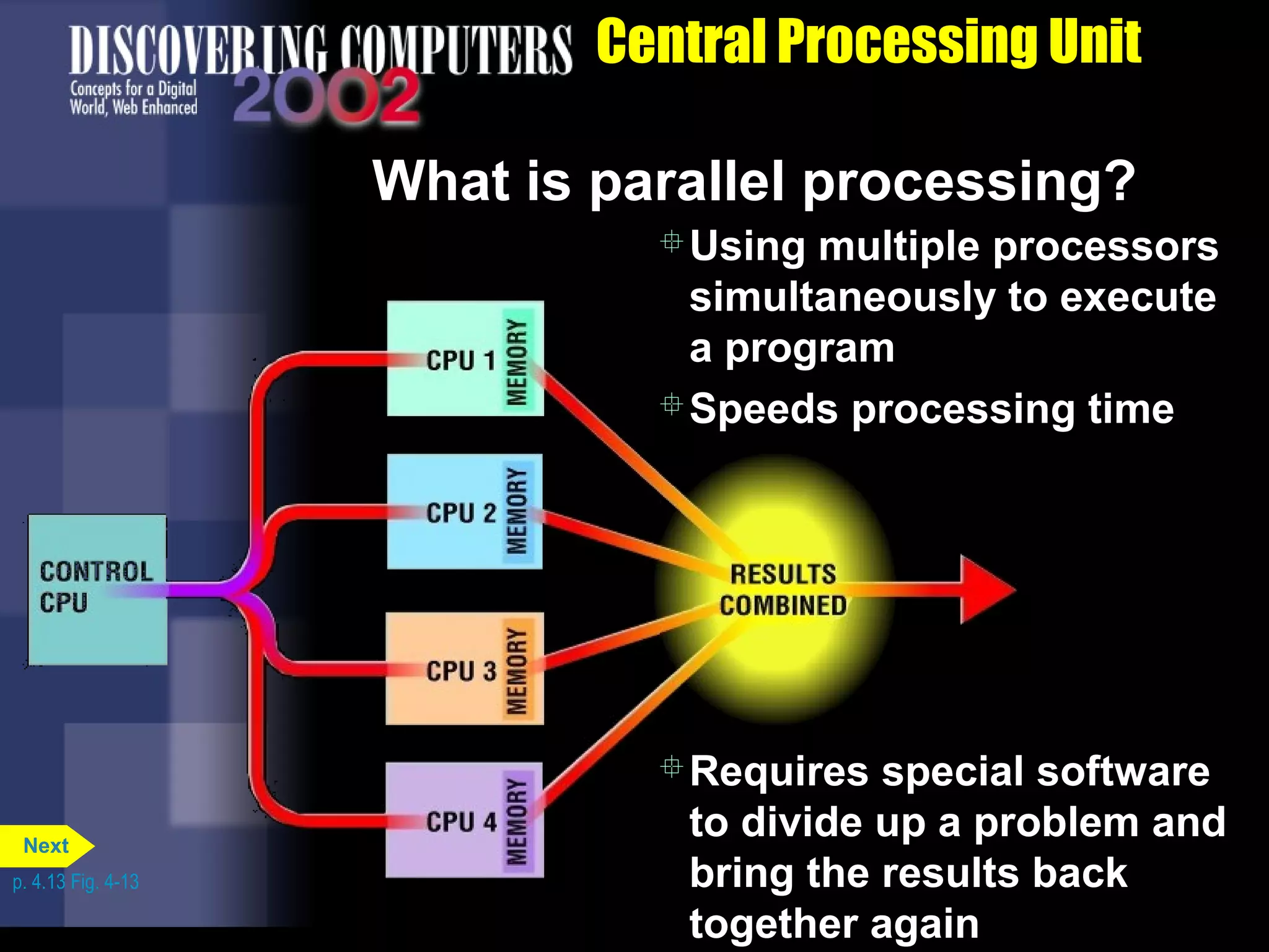 Central Processing Unit
What is parallel processing?
Using multiple processors
simultaneously to execute
a program
Speeds processing time
Requires special software
to divide up a problem and
bring the results back
together again
p. 4.13 Fig. 4-13
Next
 