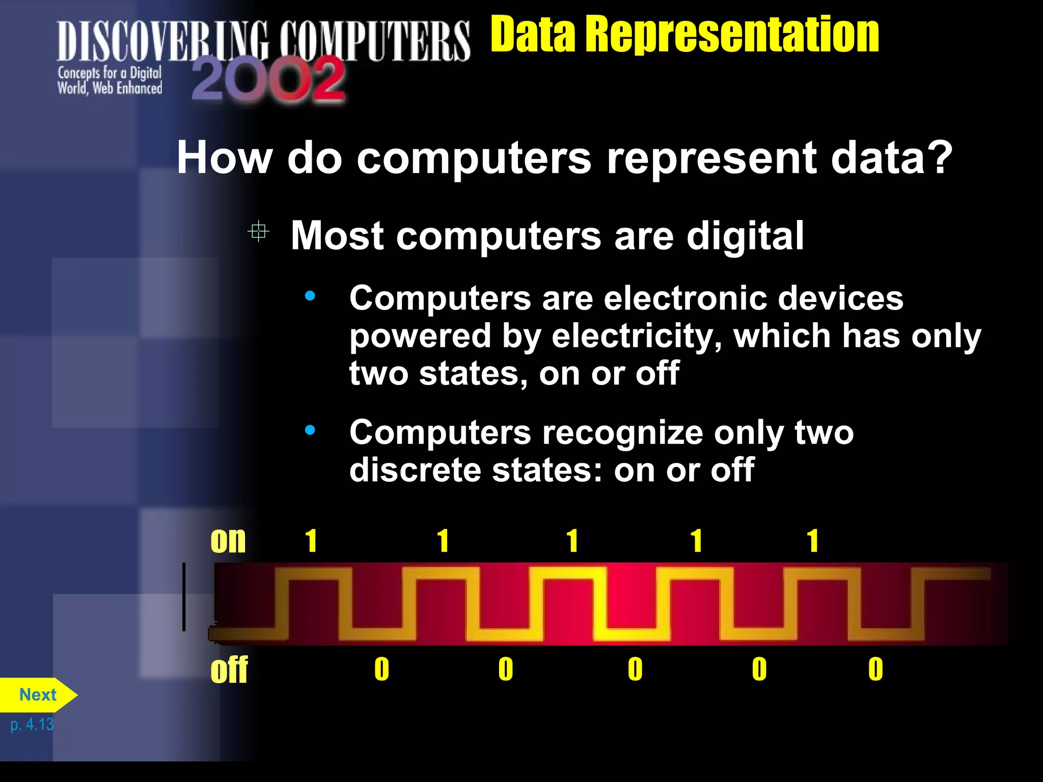 Data Representation
How do computers represent data?
1 1 1 1 1
0 0 0 0 0
 Most computers are digital
• Computers are electronic devices
powered by electricity, which has only
two states, on or off
• Computers recognize only two
discrete states: on or off
on
off
p. 4.13
Next
 