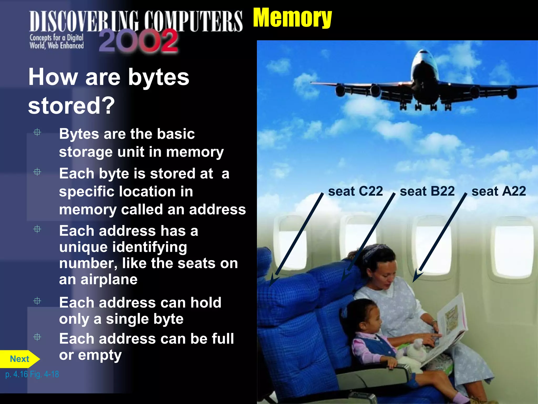 Memory
 Bytes are the basic
storage unit in memory
 Each byte is stored at a
specific location in
memory called an address
How are bytes
stored?
 Each address has a
unique identifying
number, like the seats on
an airplane
seat C22 seat B22 seat A22
 Each address can hold
only a single byte
 Each address can be full
or empty
p. 4.16 Fig. 4-18
Next
 