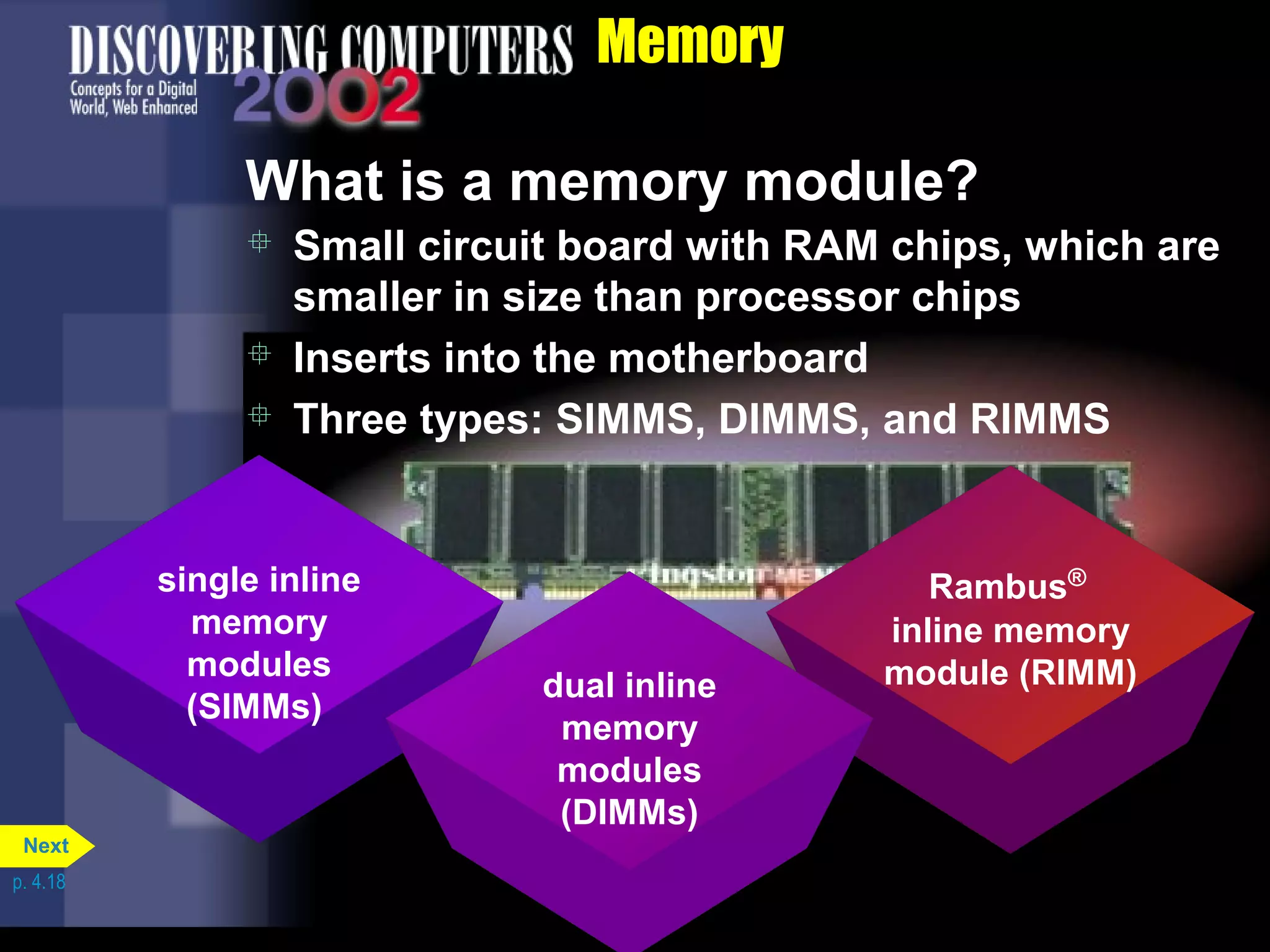 Memory
What is a memory module?
single inline
memory
modules
(SIMMs)
Rambus®
inline memory
module (RIMM)
 Small circuit board with RAM chips, which are
smaller in size than processor chips
 Inserts into the motherboard
 Three types: SIMMS, DIMMS, and RIMMS
dual inline
memory
modules
(DIMMs)
p. 4.18
Next
 