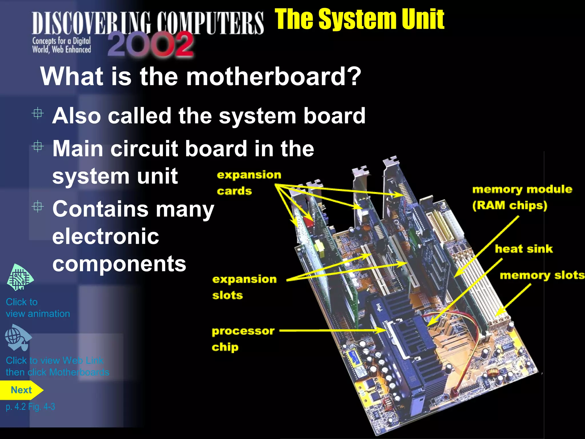 The System Unit
What is the motherboard?
Click to view Web Link
then click Motherboards
Click to
view animation
 Also called the system board
 Main circuit board in the
system unit
 Contains many
electronic
components
p. 4.2 Fig. 4-3
Next
 