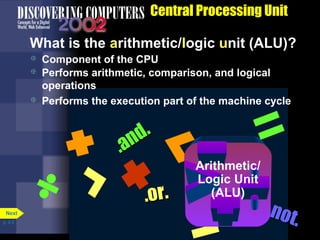 CPU
Control Unit
What is the arithmetic/logic unit (ALU)?
Central Processing Unit
.and.
.and.
.not.
.not.
.or..or.
 Component of the CPU
 Performs arithmetic, comparison, and logical
operations
 Performs the execution part of the machine cycle
Arithmetic/
Logic Unit
(ALU)
p. 4.6
Next
 