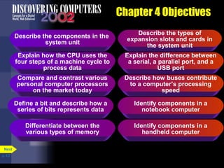 Chapter 4 Objectives
Describe the components in the
system unit
Explain how the CPU uses the
four steps of a machine cycle to
process data
Compare and contrast various
personal computer processors
on the market today
Define a bit and describe how a
series of bits represents data
Differentiate between the
various types of memory
Explain the difference between
a serial, a parallel port, and a
USB port
Describe how buses contribute
to a computer’s processing
speed
Describe the types of
expansion slots and cards in
the system unit
Identify components in a
notebook computer
Identify components in a
handheld computer
p. 4.2
Next
 